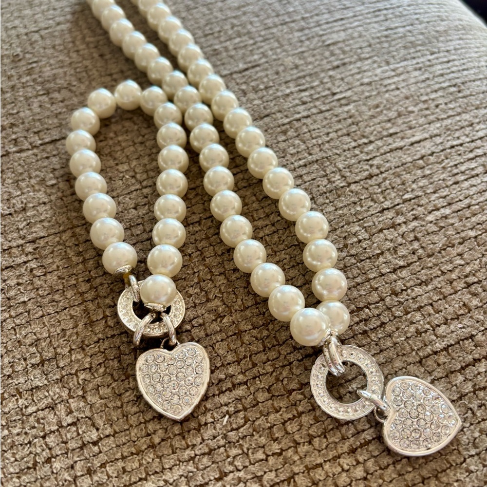 Pearl Heart Charm Necklace and Bracelet Set